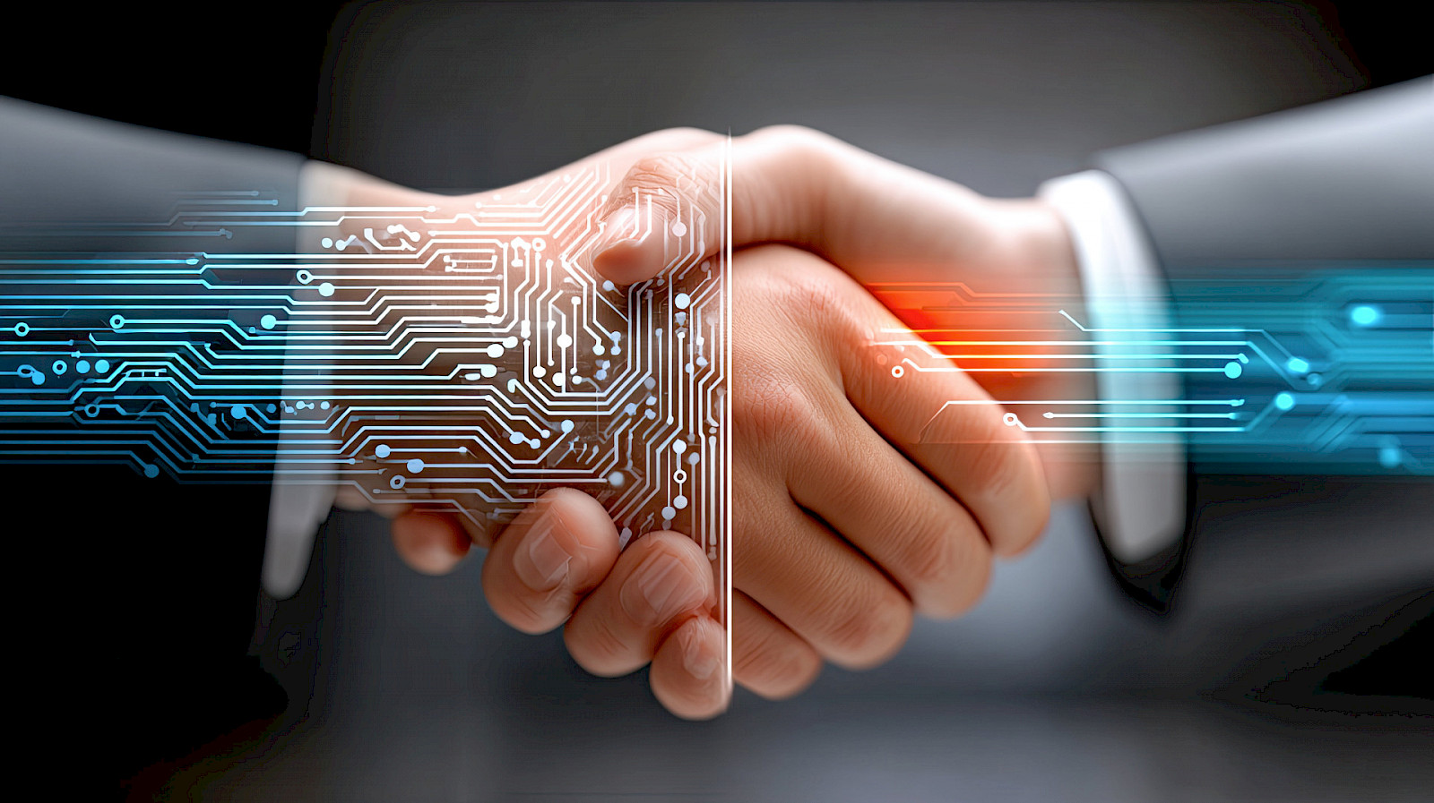 Händedruck, überlagert von digitalen Schaltkreisen als Symbol für künstliche Intelligenz