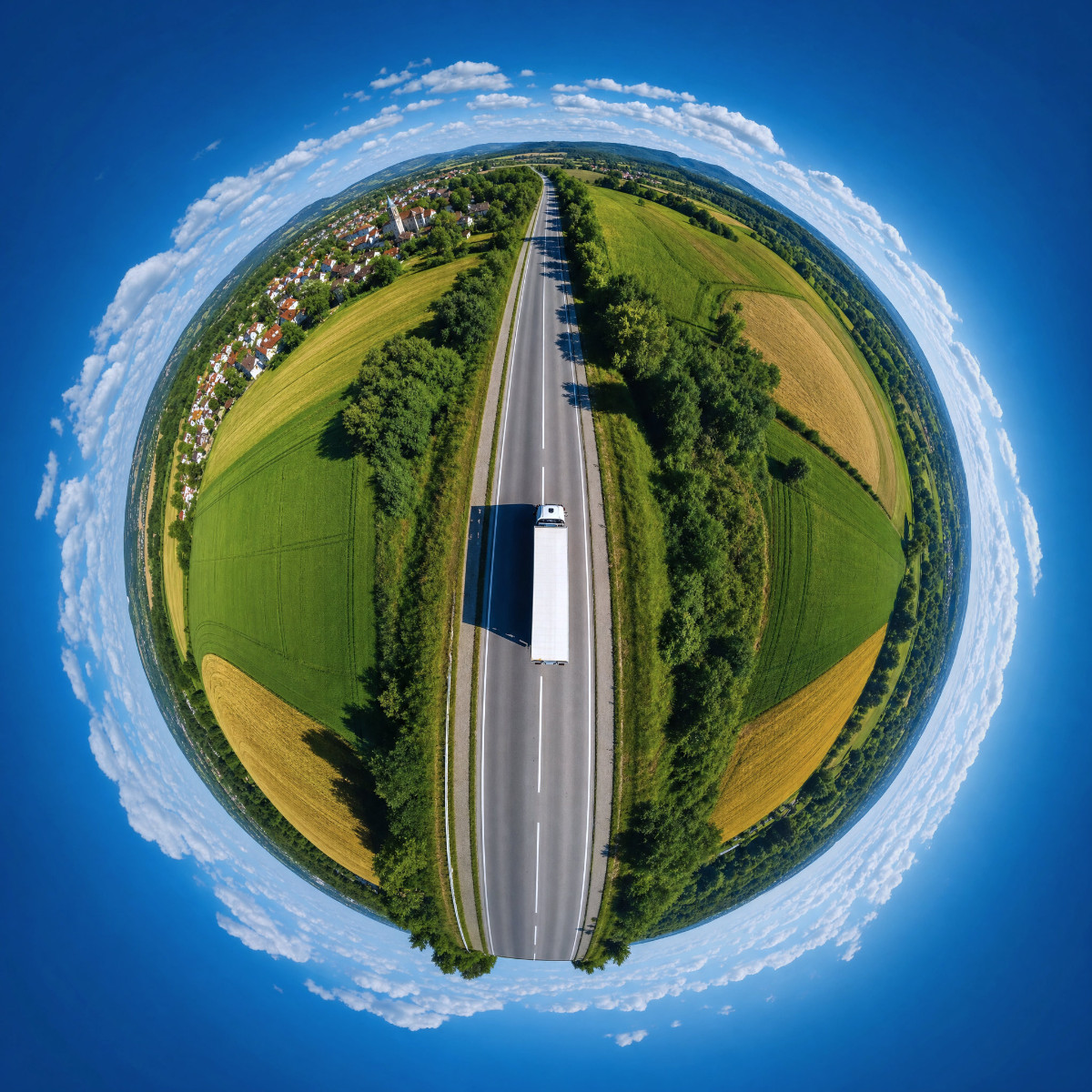 Lkw auf einer Landstraße als kugelförmiges Tiny-Planet-Panorama
