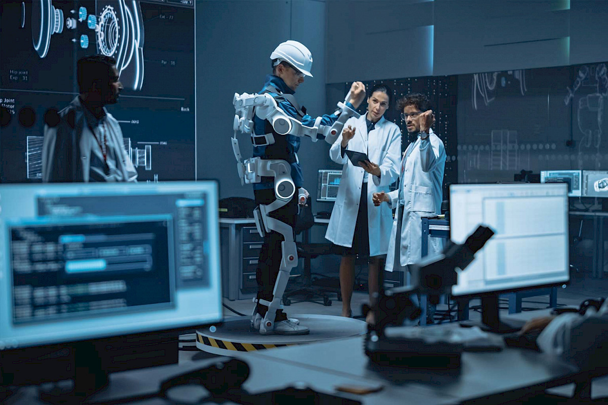 Zwei Ingenieur:innen untersuchen einen Roboter in einem Hightech-Labor (KI-Bild)